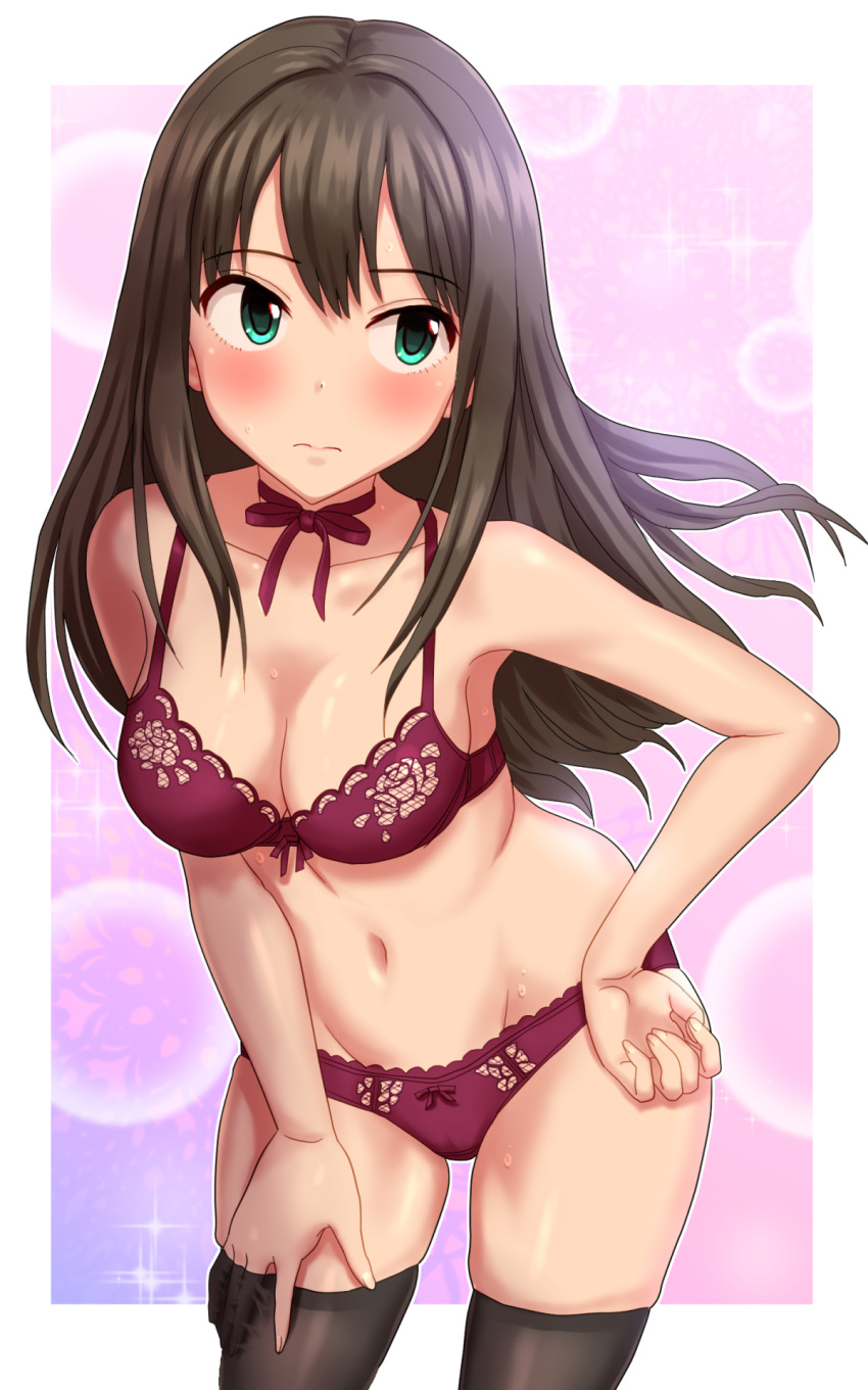 1girl bangs blush bow bow_panties bra breasts brown_hair brown_legwear choker cleavage closed_mouth collarbone eyebrows_visible_through_hair green_eyes hand_in_thighhighs highres idolmaster idolmaster_cinderella_girls kezune_(i-_-i) long_hair looking_away medium_breasts navel panties red_bra red_choker red_panties ribbon_choker shibuya_rin skindentation solo standing sweat thighhighs underwear