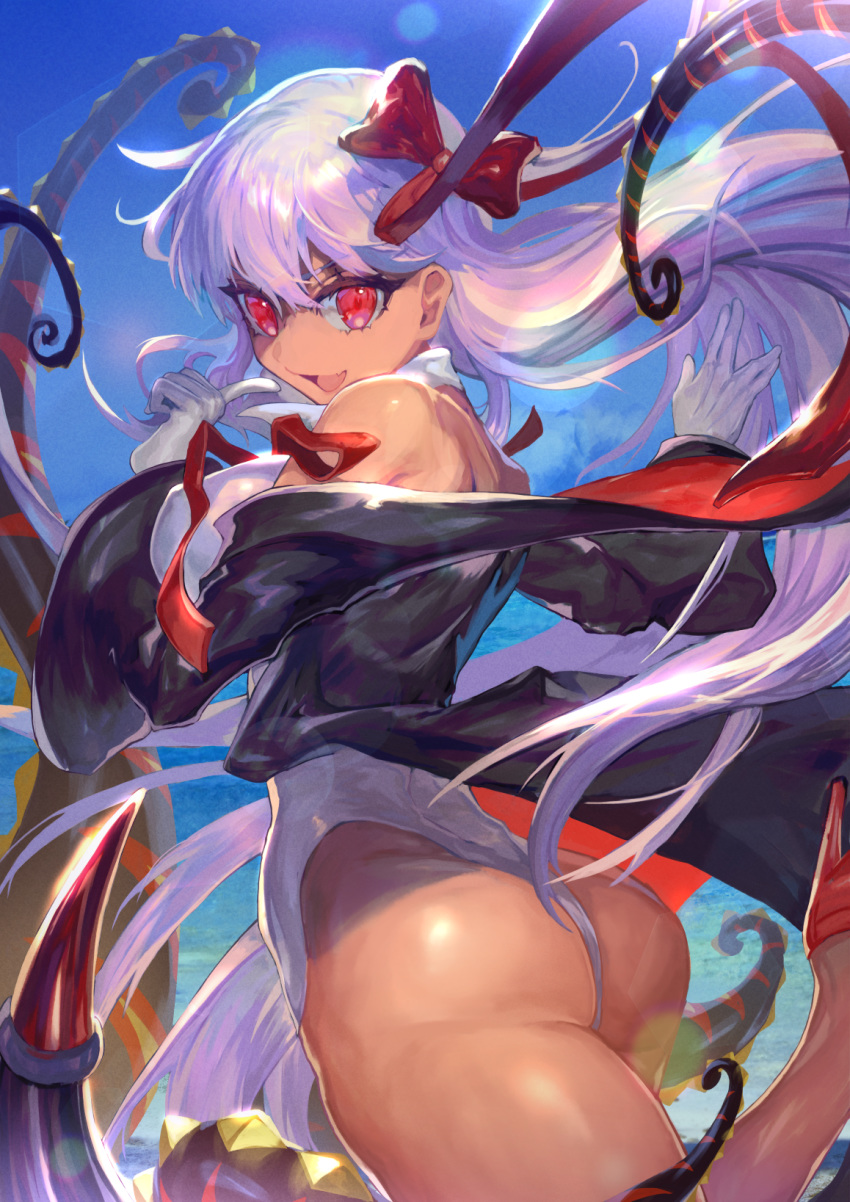 1girl ass bangs bare_shoulders bb_(fate)_(all) bb_(swimsuit_mooncancer)_(fate) black_jacket bow cowboy_shot dark_skin day fang fate/grand_order fate_(series) from_behind gloves hair_between_eyes hair_bow high_heels highres jacket jacket_removed leg_up leotard long_hair looking_at_viewer looking_back nijimaarc ocean open_mouth outdoors purple_eyes purple_hair red_bow red_eyes red_footwear skin_fang smile solo standing standing_on_one_leg very_long_hair white_gloves white_leotard