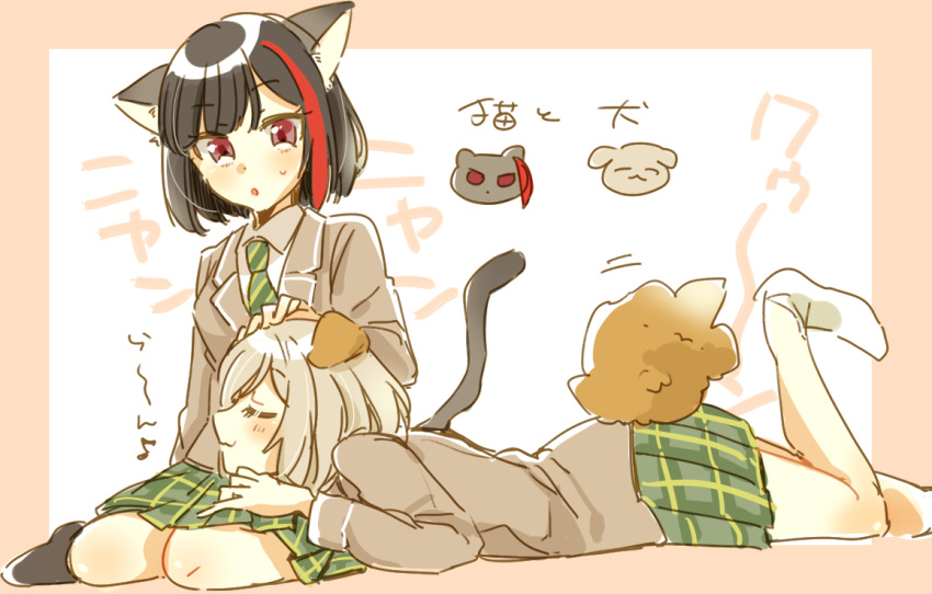 2girls :3 :o animal_ears aoba_moca bang_dream! bangs black_hair black_legwear blazer blush bob_cut cat_ears cat_tail closed_eyes dog_ears dog_tail foot_up green_neckwear green_skirt grey_hair grey_jacket hand_on_another's_head jacket kemonomimi_mode lap_pillow looking_at_another lying miniskirt mitake_ran multicolored_hair multiple_girls necktie nyan on_stomach orange_outline petting plaid plaid_skirt pleated_skirt purple_eyes red_hair short_hair sitting skirt socks streaked_hair striped striped_neckwear sweatdrop tail white_legwear zawameki