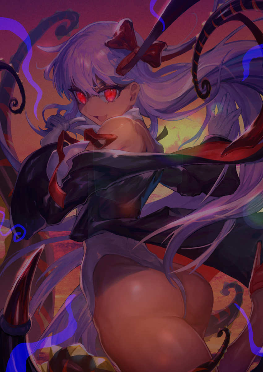 1girl ass bangs bare_shoulders bb_(fate)_(all) bb_(swimsuit_mooncancer)_(fate) black_jacket bow cowboy_shot dark_skin fang fate/grand_order fate_(series) from_behind gloves glowing glowing_eyes hair_between_eyes hair_bow high_heels highres jacket jacket_removed leg_up leotard long_hair looking_at_viewer looking_back nijimaarc ocean open_mouth outdoors purple_eyes purple_hair red_bow red_eyes red_footwear skin_fang smile solo standing standing_on_one_leg sunset very_long_hair white_gloves white_leotard