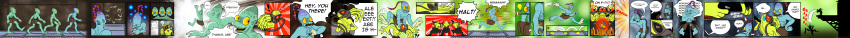 ! 2016 ? ?! abe_(oddworld) absurd_res alien avian bird blue_body bomb bottomwear clothed clothing comic cybernetics cyborg dialogue digital_drawing_(artwork) digital_media_(artwork) english_text explosives eyes_closed green_body group hair haruka-tavares headgear hi_res humanoid humor jumping leapfrog light_bulb machine male mask mudokon not_furry oddworld open_mouth ponytail ranged_weapon shorts simple_background skirt slig smile superabsurd_res surprise teeth tentacle_mouth tentacles text toes topless video_games weapon wings yellow_sclera