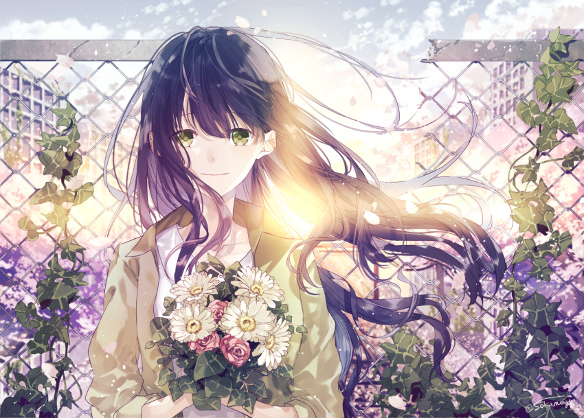 1girl black_hair blue_sky bouquet broken chain-link_fence cloud day fence flower green_eyes holding holding_bouquet jacket long_hair looking_at_viewer original outdoors plant seikai_meguru sky smile solo standing twitter_username upper_body very_long_hair vines yellow_jacket