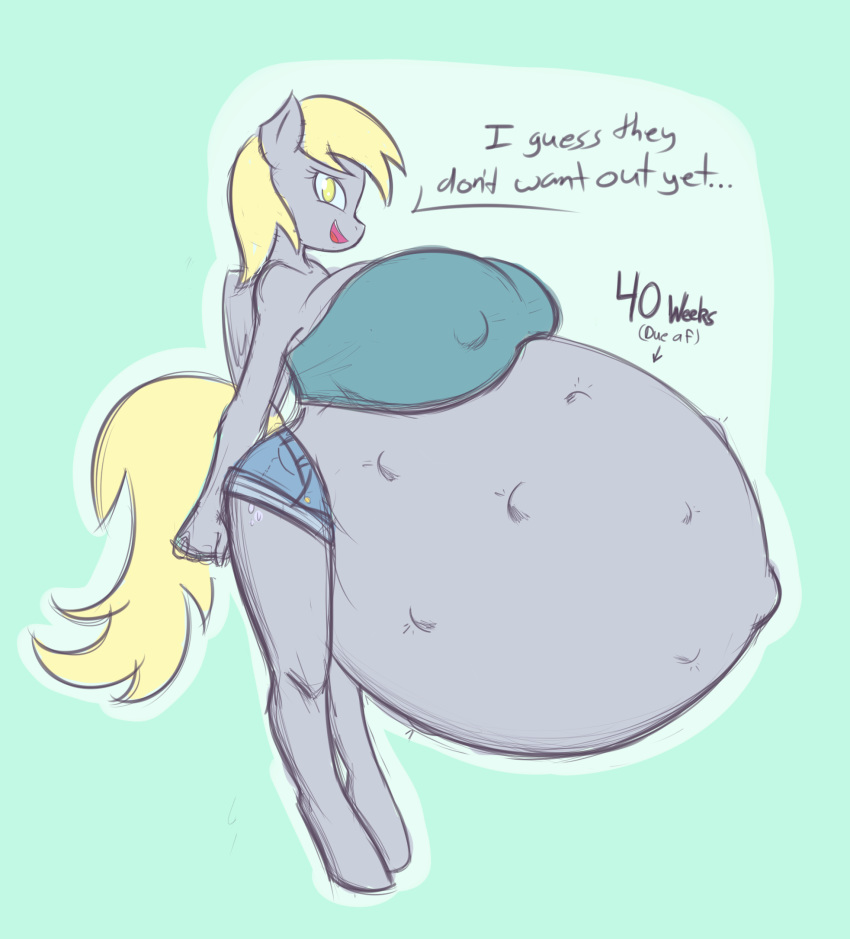 anthro big_breasts bottomwear breasts clothed clothing derpy_hooves_(mlp) english_text forfun41 friendship_is_magic hi_res huge_breasts hyper hyper_pregnancy my_little_pony pregnant short_shorts shorts text