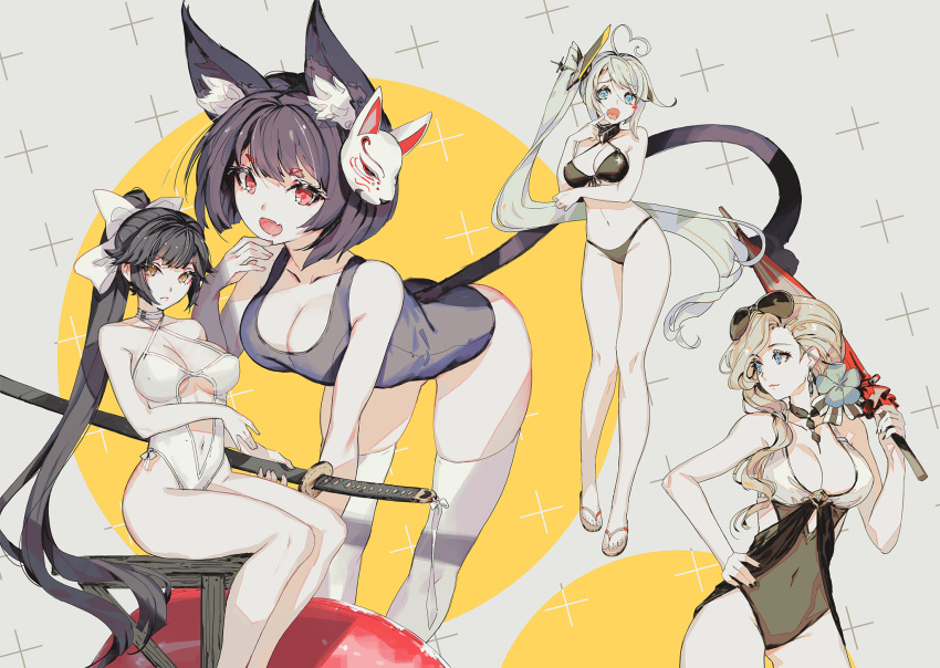 4girls :o ahoge animal_ears azur_lane bare_legs bent_over bikini black_bikini black_hair blonde_hair blue_eyes blue_swimsuit blush bow breast_hold breasts brown_eyes casual_one-piece_swimsuit cat_ears cat_tail choker cleavage covered_navel criss-cross_halter earrings eyebrows_visible_through_hair eyewear_on_head fang flip-flops flower front-tie_bikini front-tie_top hair_bow hair_flower hair_ornament hair_over_shoulder halterneck heart heart-shaped_pupils heart_ahoge highres hood_(azur_lane) hood_(sunlit_lady)_(azur_lane) jewelry katana large_breasts long_hair low_ponytail mask mask_on_head multiple_girls navel navel_cutout old_school_swimsuit one-piece_swimsuit ponytail portland_(azur_lane) red_eyes saimon_ma sandals school_swimsuit side_ponytail silver_hair sitting smile sunglasses swimsuit sword symbol-shaped_pupils tail takao_(azur_lane) takao_(beach_rhapsody)_(azur_lane) thighhighs very_long_hair weapon white_legwear white_swimsuit yamashiro_(azur_lane)