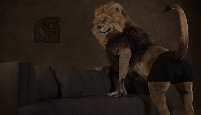 3d_(artwork) akili_(cosmiclife) anthro brown_fur bulge butt clothed clothed_feral clothing cosmiclife digital_media_(artwork) felid feral fur hi_res lion looking_at_viewer looking_back male mammal pantherine pinup pose presenting presenting_hindquarters raised_tail realistic semi-anthro sofa solo teeth underwear whiskers