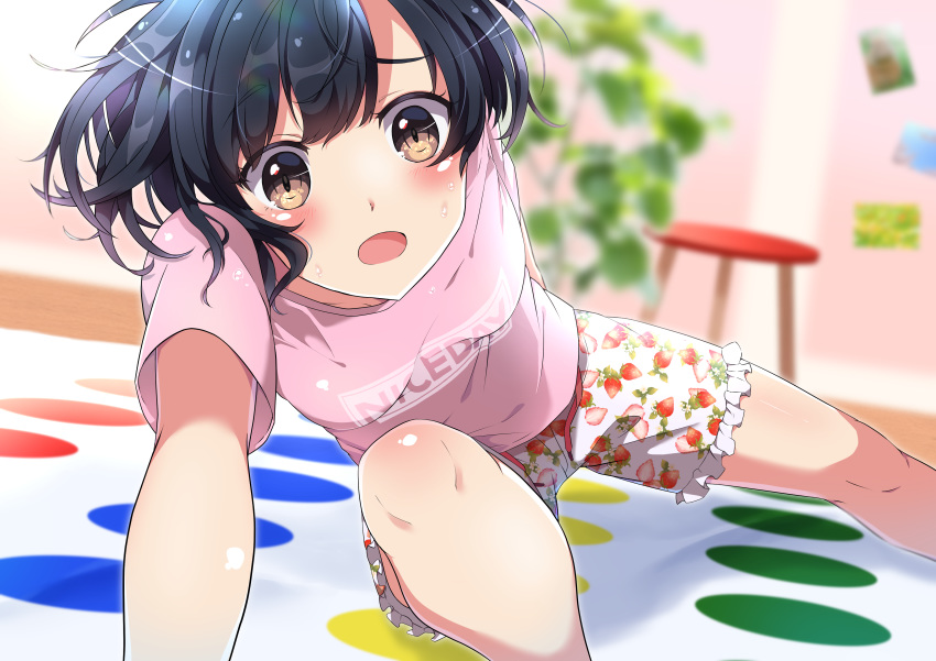 1girl absurdres bad_anatomy black_hair blurry blurry_background breasts brown_eyes food_print highres indoors looking_at_viewer open_mouth original pink_shirt ponyui0728 shirt short_hair small_breasts solo stool strawberry_print sweatdrop t-shirt twister