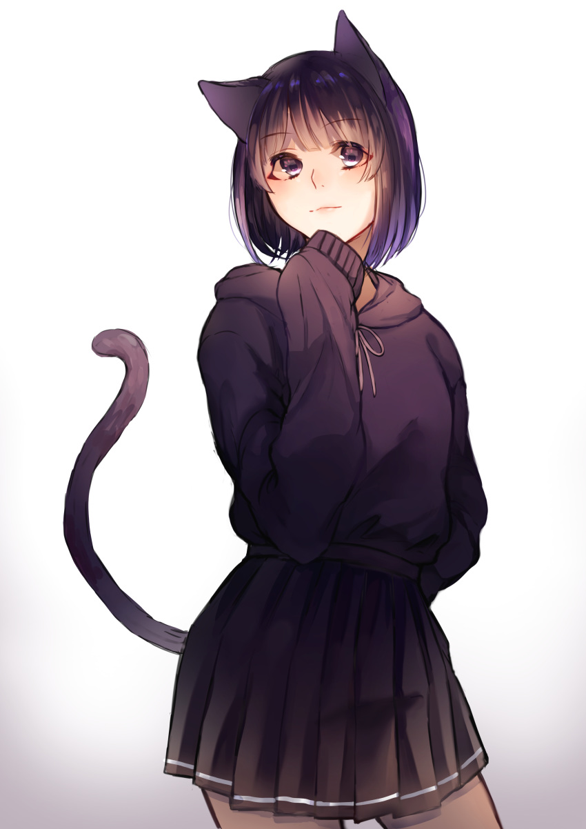 1girl absurdres animal_ears black_eyes black_hair black_hoodie black_skirt cat_ears cat_tail hand_on_hip hand_up highres hood hood_down long_sleeves medium_hair original pleated_skirt rubianeko simple_background skirt sleeves_past_fingers sleeves_past_wrists solo standing tail