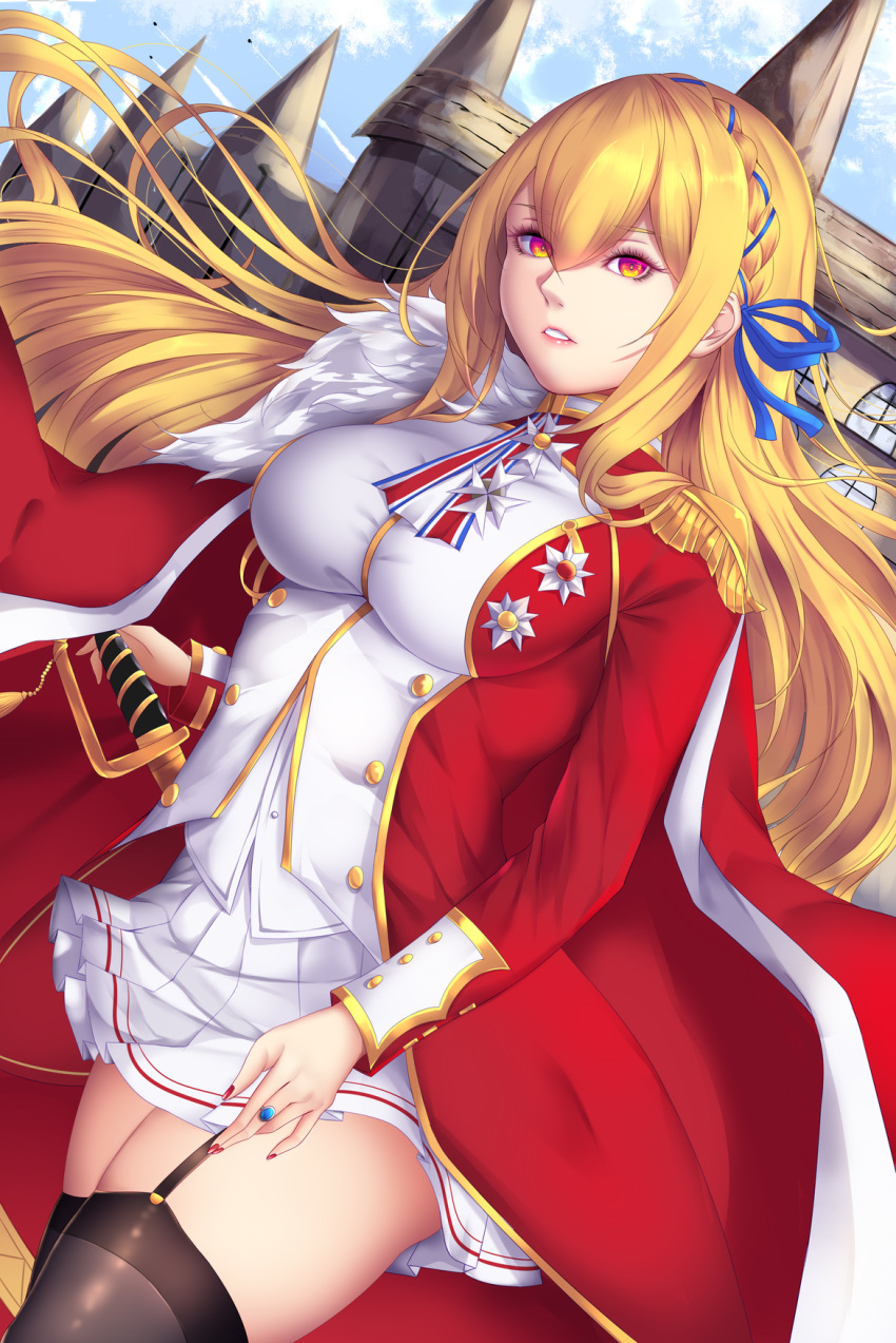 1girl azur_lane black_legwear blonde_hair braid breasts coat commentary_request dutch_angle epaulettes garter_straps hair_between_eyes hair_ribbon hand_on_sword highres jewelry king_george_v_(azur_lane) large_breasts long_hair looking_at_viewer medal pleated_skirt red_coat red_eyes ribbon ring shiro_usagi skirt solo sword thighhighs weapon white_skirt