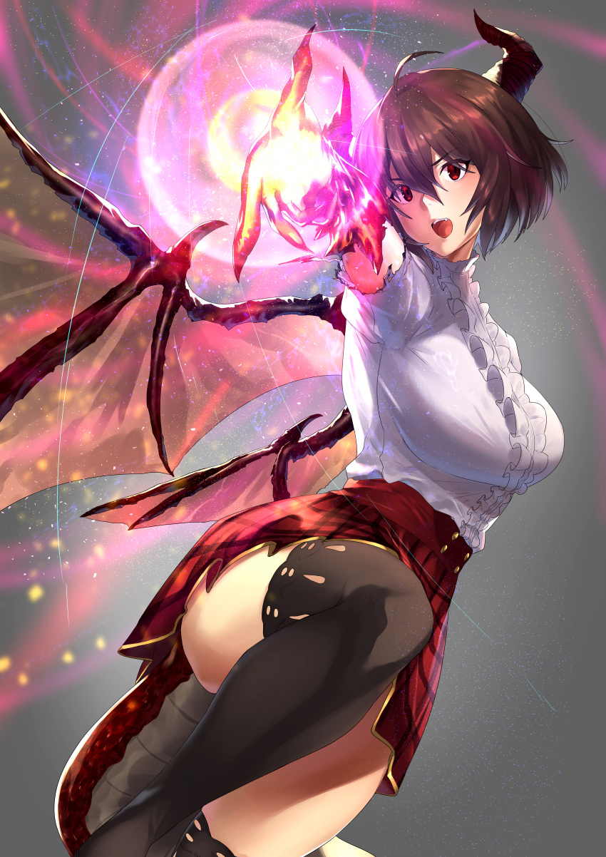 1girl absurdres ahoge black_legwear blush breasts brown_hair claws commentary cowboy_shot dragon_girl dragon_horns dragon_tail dragon_wings fangs fingernails frills fujitsubo_(hujitubo0731) granblue_fantasy grea_(shingeki_no_bahamut) hair_between_eyes highres horns huge_filesize large_breasts leg_up looking_at_viewer magic miniskirt open_mouth red_eyes sharp_fingernails shingeki_no_bahamut shirt short_hair skirt solo tail thighhighs thighs white_shirt wings zettai_ryouiki