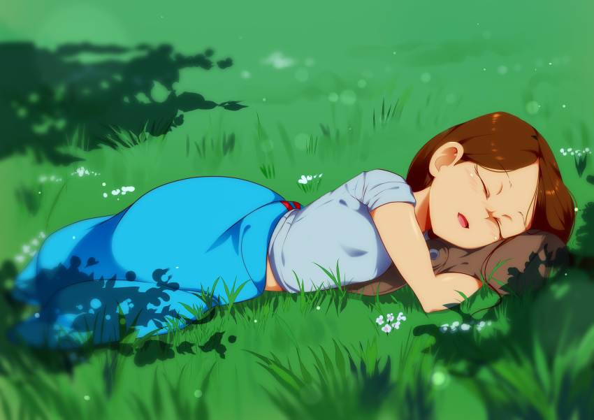 1girl :d absurdres blue_shirt blurry blurry_foreground brown_hair closed_eyes commentary day depth_of_field english_commentary facing_viewer grass highres jcm2 lisa_loud long_hair lying on_grass on_ground on_side open_mouth outdoors shirt short_sleeves sleeping smile solo the_loud_house