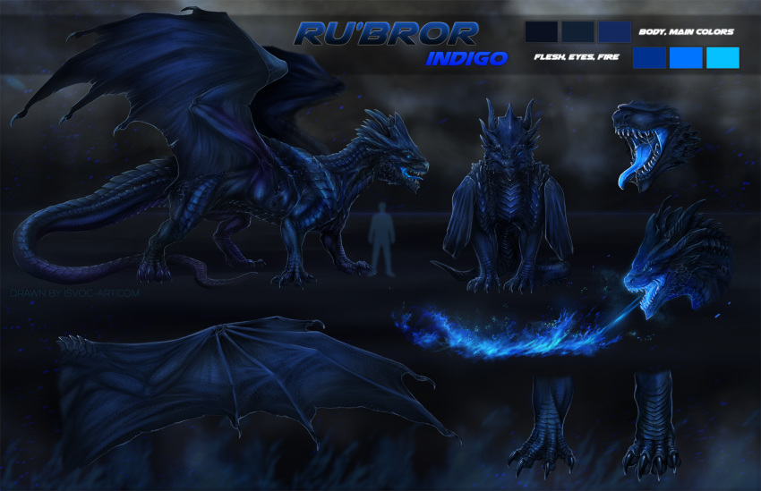 2019 blue_eyes blue_fire blue_scales blue_tongue claws digital_media_(artwork) dragon feral fire hi_res isvoc membranous_wings model_sheet open_mouth scales scalie solo teeth tongue western_dragon wings