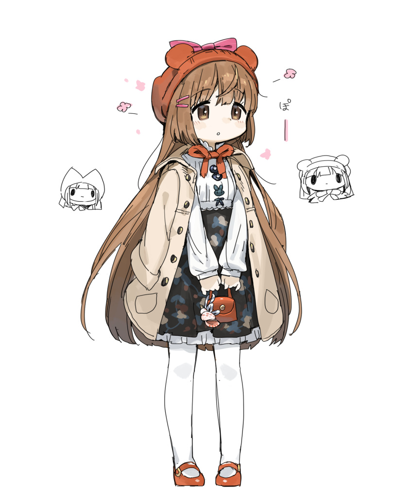 1girl :o animal_ears animal_hat bag bangs beanie black_skirt blush bow brown_coat brown_eyes brown_hair brown_headwear chibi coat eyebrows_visible_through_hair fake_animal_ears frilled_skirt frills hair_ornament hairclip handbag hat hat_bow high-waist_skirt highres holding holding_bag idolmaster idolmaster_cinderella_girls jacket_on_shoulders long_hair mary_janes open_clothes open_coat pantyhose parted_lips pink_bow print_skirt red_footwear shirt shoes skirt spawnfoxy standing very_long_hair white_legwear white_shirt yorita_yoshino