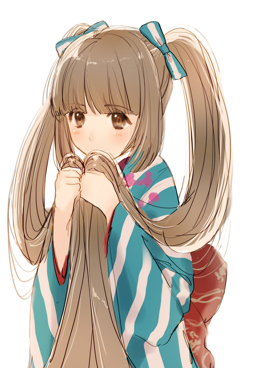 absurdres bangs blue_bow blunt_bangs blush bow brown_eyes brown_hair hair_bow highres holding holding_hair idolmaster idolmaster_cinderella_girls japanese_clothes kimono long_hair senbei_no_kakera sidelocks simple_background sketch standing striped striped_kimono twintails very_long_hair white_background wide_sleeves yorita_yoshino