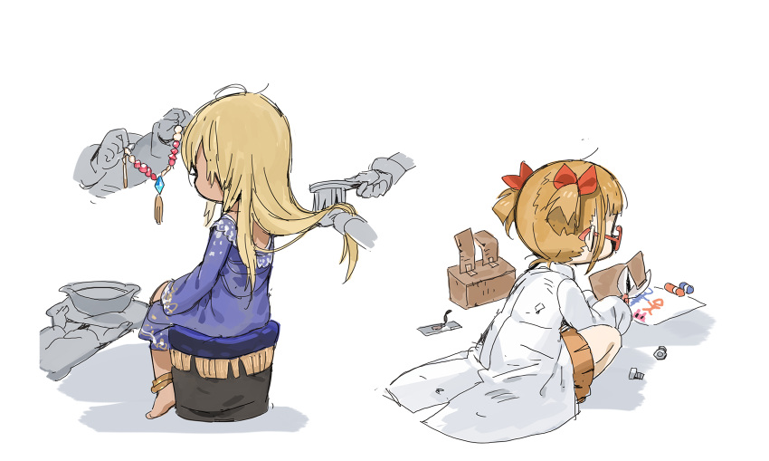 2girls barefoot blonde_hair blue_dress bolt bow box brown_hair brown_skirt cardboard_box crayon dress glasses hair_bow hair_brush hair_brushing highres holding_brush idolmaster idolmaster_cinderella_girls ikebukuro_akiha jewelry labcoat layla_(idolmaster) long_hair long_sleeves multiple_girls necklace out_of_frame pleated_skirt red-framed_eyewear red_bow short_hair short_twintails sitting skirt sleeves_past_fingers sleeves_past_wrists spawnfoxy squatting twintails very_long_hair white_background