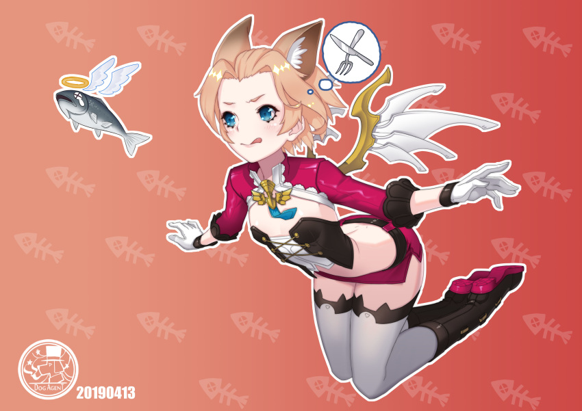 1girl absurdres angel_wings animal_ears belt blonde_hair blue_eyes blush breasts cat_ears cat_girl closed_eyes cutlery dead_animal fish flat_chest fork gloves halo highres knife lanyaojun licking_lips looking_to_the_side miniskirt necktie original pink_headwear pink_skirt short_hair simple_background skirt small_breasts thighhighs thighs thought_bubble tongue tongue_out white_gloves wings wrist_cuffs