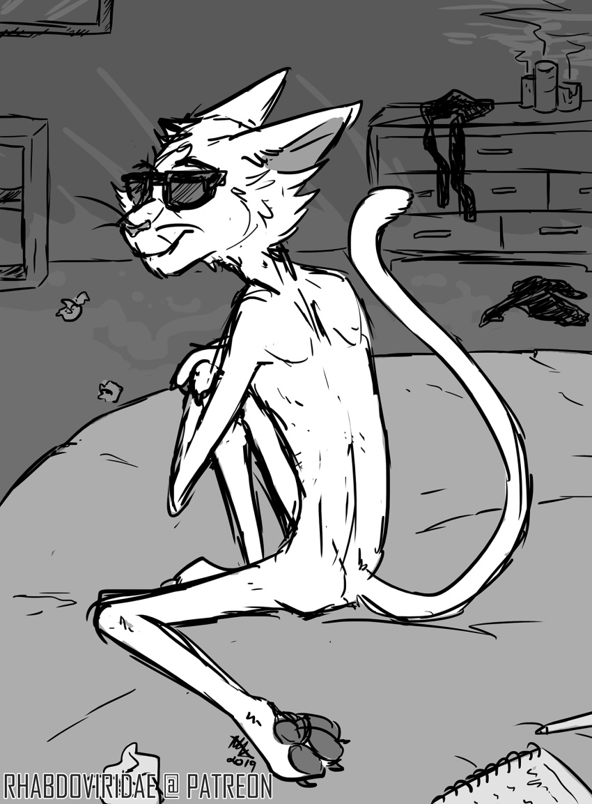 angus_scattergood conditional_dnp digital_drawing_(artwork) digital_media_(artwork) eyewear felid feline greyscale hi_res male mammal monochrome nude pawpads rock_dog sunglasses whiskers wolftacos