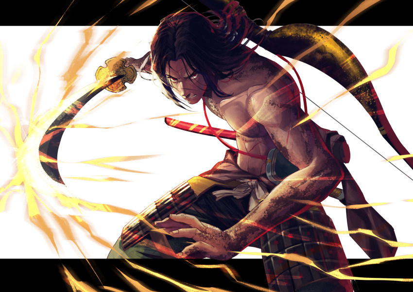 1boy absurdres armor ashina_genichirou bashikou black_hair bow_(weapon) corruption crazy_eyes fighting_stance hakama highres japanese_armor japanese_clothes katana letterboxed lightning male_focus messy_hair muscle outside_border red_eyes scabbard scar sekiro:_shadows_die_twice sheath shirtless solo spoilers sword weapon weapon_on_back