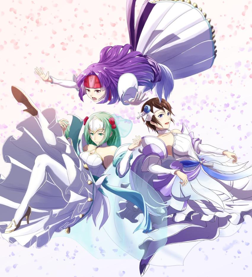 bare_shoulders blue_eyes bouquet breasts bridal_veil bride brown_hair dress earrings elbow_gloves fire_emblem fire_emblem:_souen_no_kiseki fire_emblem_heroes flower gloves green_eyes green_hair gzo1206 hair_flower hair_ornament headband highres jewelry long_hair looking_at_viewer multiple_girls necklace open_mouth pegasus_knight purple_hair robe rose sanaki_kirsch_altina short_hair sigrun smile strapless strapless_dress tanith tiara veil wedding wedding_dress white_dress white_flower white_gloves wife_and_wife yellow_eyes