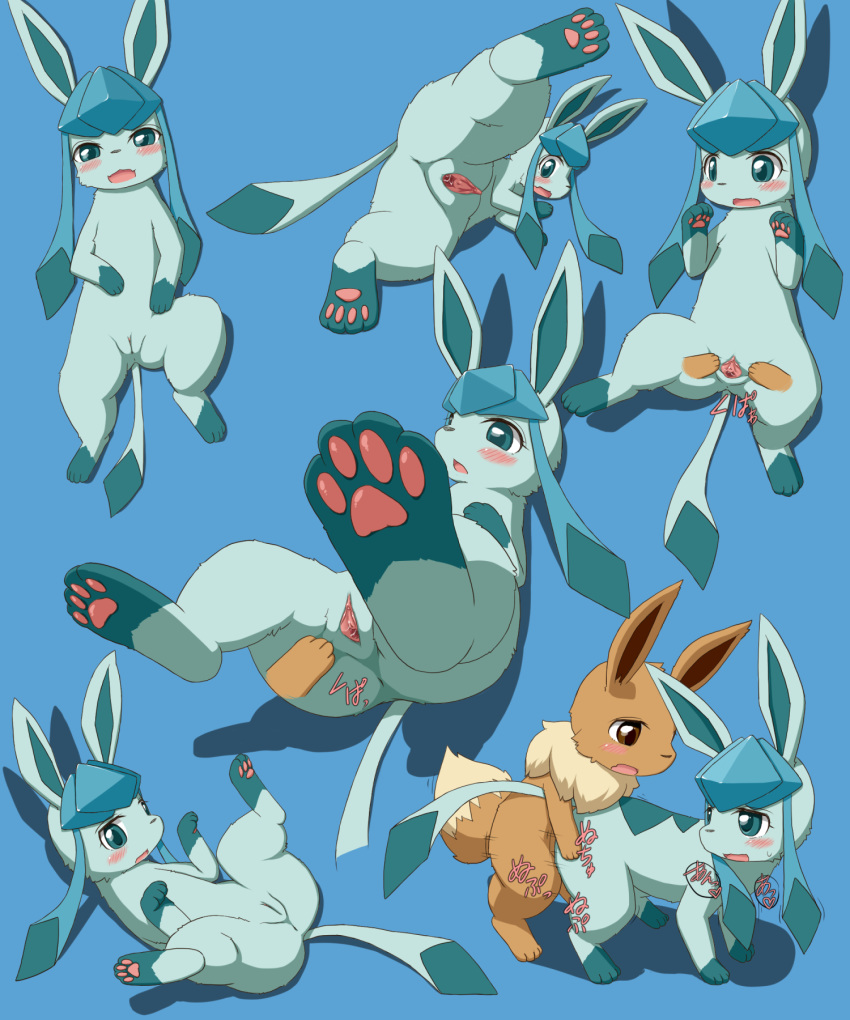 2019 4_toes black_nose blue_eyes blue_fur blush brown_eyes brown_fur butt canid canine canis chest_tuft digital_media_(artwork) dipstick_tail duo eevee eeveelution erection female female_penetrated feral feral_on_feral foot_focus fur glaceon hi_res japanese_text koorinezumi lying male male/female male_penetrating mammal multicolored_tail multiple_poses nintendo on_side open_mouth pawpads penetration penis pink_pawpads pok&eacute;mon pok&eacute;mon_(species) pose pussy sex simple_background smile snout spread_legs spreading tan_fur text toes tongue tuft vaginal vaginal_penetration video_games