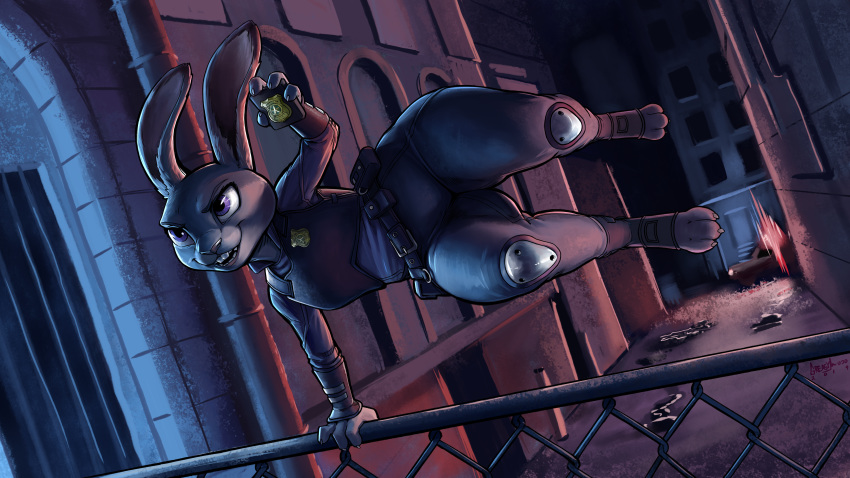16:9 2019 3_toes 4_fingers absurd_res action_pose alley anthro buckteeth car clothed clothing disney female fur greasymojo grey_fur hi_res judy_hopps lagomorph leporid mammal night open_mouth outside police_uniform pose purple_eyes rabbit short_stack solo teeth thick_thighs toes uniform vehicle wide_hips zootopia