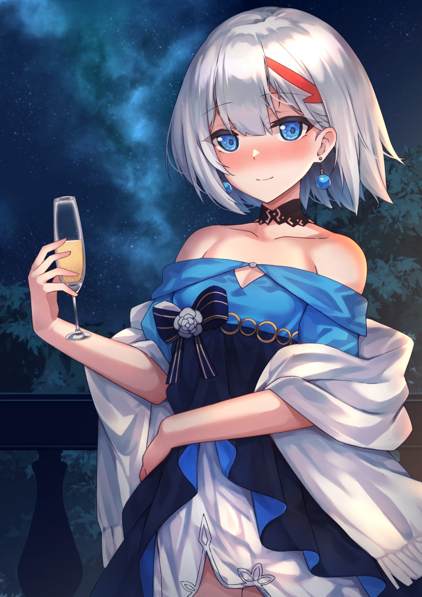 1girl admiral_graf_spee_(azur_lane) alcohol ashisi azur_lane balcony bangs blue_dress blue_eyes blunt_bangs blush bow breasts cleavage cleavage_cutout collarbone cowboy_shot cup detached_collar dress drinking_glass earrings eyebrows_visible_through_hair glass hand_on_hip highres holding holding_cup jewelry layered_dress looking_at_viewer milky_way multicolored_hair nose_blush off_shoulder red_hair shawl short_hair sidelocks silver_hair sky small_breasts smile solo star_(sky) starry_sky streaked_hair tree white_dress wine wine_glass