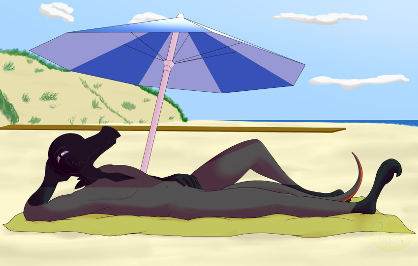 2019 4_fingers anthro beach boardwalk cloud dune grey_skin hi_res invalid_tag lizard looking_at_viewer lying male nintendo parasol pheanir pink_eyes pok&eacute;mon pok&eacute;mon_(species) red_skin reptile salandit sand scalie sea seaside smile solo towel video_games water