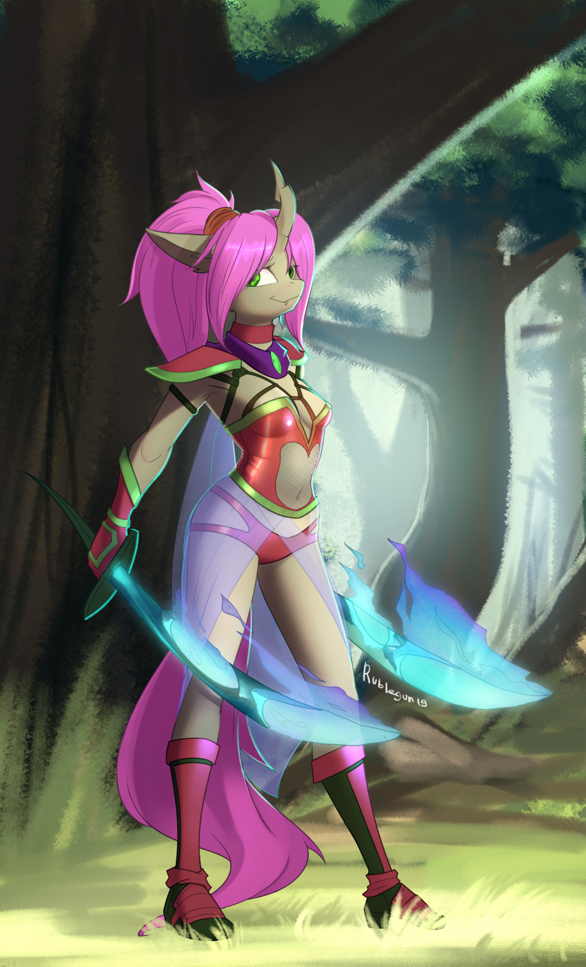 2019 absurd_res anthro breasts changeling clothed clothing day detailed_background digital_media_(artwork) fan_character grass green_eyes hair hi_res holding_object holding_weapon horn melee_weapon my_little_pony non-mammal_breasts outside pink_hair rublegun standing sword weapon