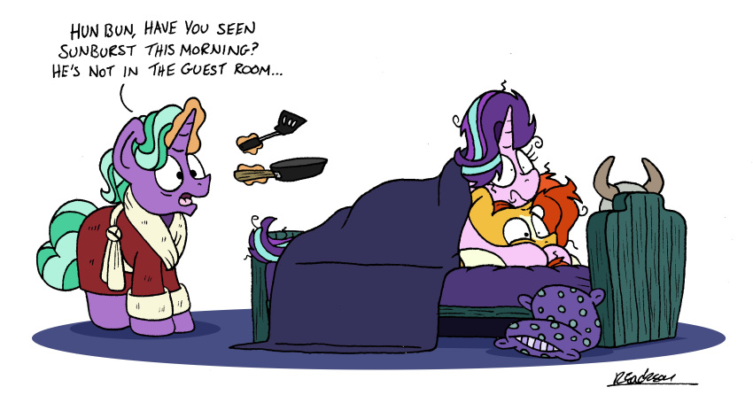 absurd_res bed bobthedalek cookware equid firelight_(mlp) friendship_is_magic frying_pan hair hi_res hiding horn kitchen_utensils mammal messy_hair my_little_pony starlight_glimmer_(mlp) sunburst_(mlp) tools unicorn