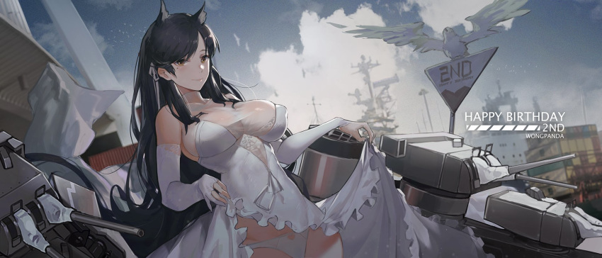 1girl animal_ears atago_(azur_lane) azur_lane bangs bird black_hair breasts brown_eyes cleavage cloud cloudy_sky commentary cowboy_shot day dress english_commentary extra_ears hair_ribbon highres large_breasts machinery mole mole_under_eye outdoors pandea_work panties ribbon seagull shipyard skirt skirt_lift sky smile solo swept_bangs title turret underwear white_dress white_panties white_ribbon