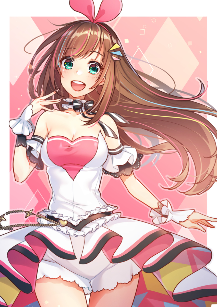 1girl a.i._channel azur_lane bare_shoulders breasts brown_hair choker cleavage green_eyes highres kitazume_kumie kizuna_ai lace lace_choker long_hair medium_breasts skirt smile solo thigh_gap thighs virtual_youtuber white_background wide-eyed wrist_cuffs
