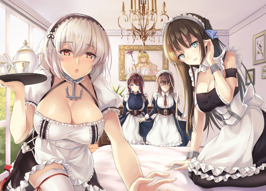 azur_lane bangs blush breasts choker cleavage collarbone curacao_(azur_lane) dress eyebrows_visible_through_hair frills hair_between_eyes hairband lace-trimmed_hairband large_breasts looking_at_viewer puffy_sleeves red_eyes ribbon short_hair short_sleeves sidelocks sirius_(azur_lane) thighhighs white_hair white_legwear yuemanhuaikong