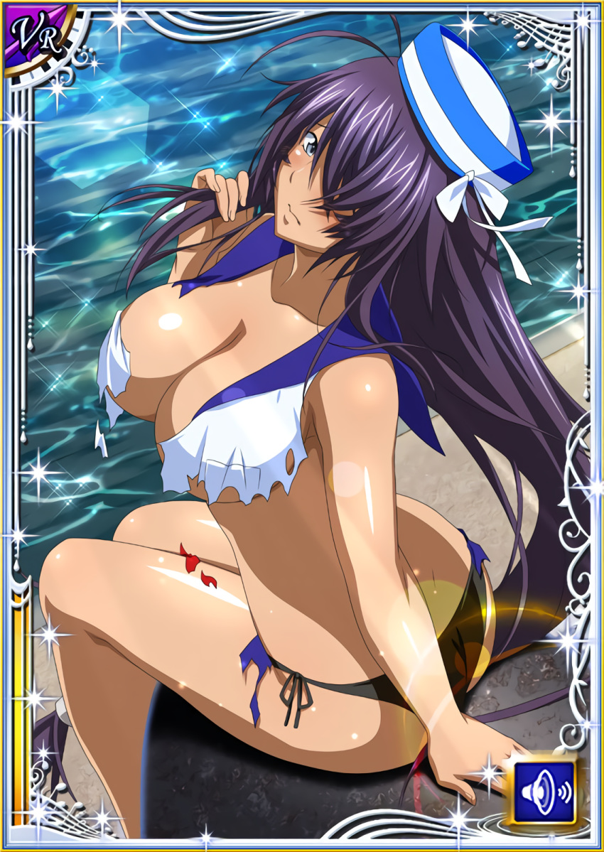 1girl arm_support bangs bikini bikini_bottom black_bikini blue_sailor_collar breasts card_(medium) cleavage closed_mouth collarbone day embarrassed floating_hair from_above from_behind grey_eyes hair_over_one_eye hat hat_ribbon highres holding holding_hair ikkitousen kan'u_unchou large_breasts lens_flare long_hair looking_at_viewer outdoors purple_hair ribbon sailor_collar shiny shiny_hair shiny_skin shirt side-tie_bikini sitting solo swept_bangs swimsuit torn_clothes torn_shirt very_long_hair water white_ribbon