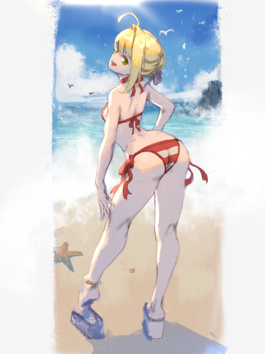 1girl ahoge anklet arched_back artoria_pendragon_(all) ass beach bikini breasts contrapposto cosplay fate/grand_order fate_(series) from_behind green_eyes hair_bun hair_ribbon halterneck head_tilt highres jewelry korean_commentary looking_back nero_claudius_(fate)_(all) nero_claudius_(swimsuit_caster)_(fate) nero_claudius_(swimsuit_caster)_(fate)_(cosplay) outdoors oz_(gerbera7) ribbon saber sandals short_hair side-tie_bikini small_breasts solo standing striped striped_bikini swimsuit