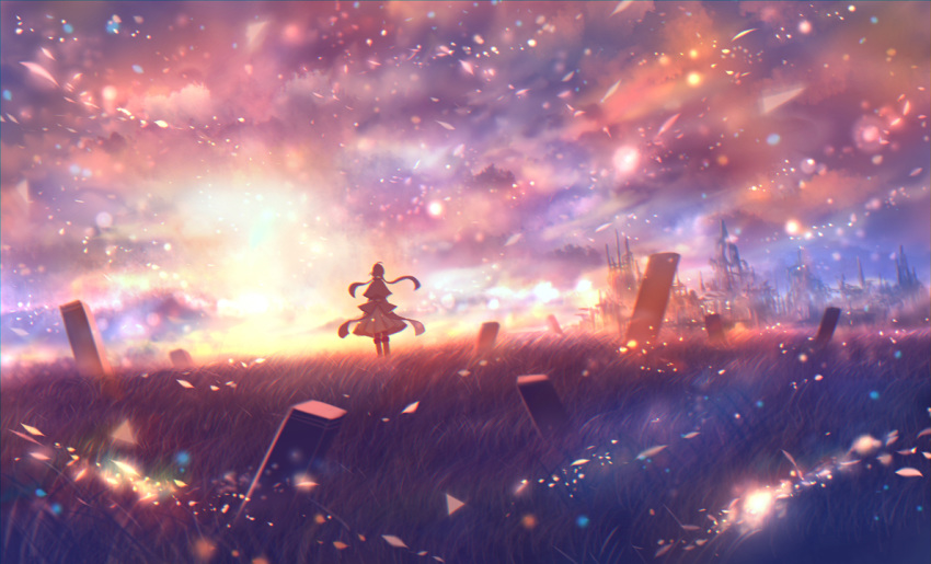 1girl ahoge boots capelet cloud cloudy_sky dark dress fantasy field from_behind grass horizon knee_boots lens_flare light_particles long_hair original sakimori_(hououbds) scenery sky solo twintails wind