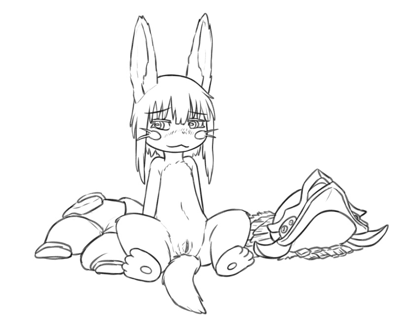 2019 anthro blush clothing cub female flat_chested hat headgear headwear hybrid lagomorph leporid looking_aside made_in_abyss mammal monochrome nanachi narehate nude pussy rabbit simple_background sitting sketch smile solo spread_legs spreading the_giant_hamster white_background young