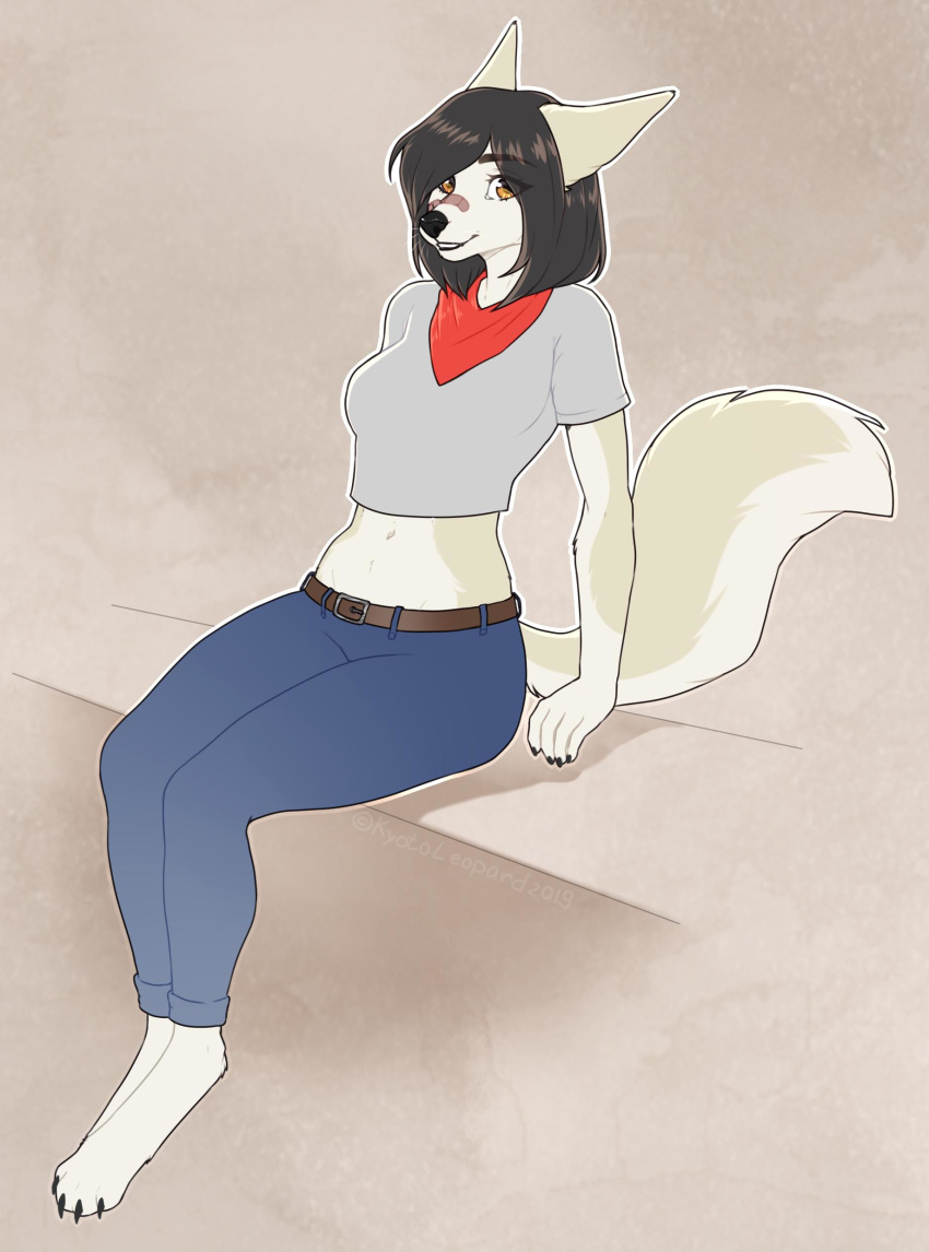 2019 4_toes 5_fingers absurd_res anthro black_hair black_nose breasts brown_eyes canid canine digital_media_(artwork) female fox hair hi_res kyotoleopard mammal simple_background smile solo toes