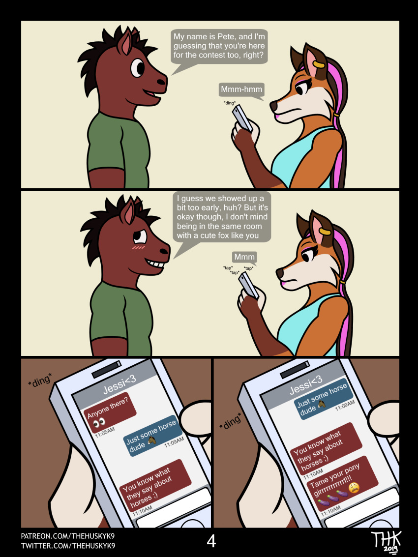 2019 4_fingers ? anthro biped black_border black_hair blush border brown_ears brown_fur brown_nose canid canine cellphone cheek_tuft clothing comic dialogue digital_media_(artwork) english_text equid equine eyebrows eyelashes female fingerless_(marking) fox fur gloves_(marking) hair hi_res horse kimberly_shallows long_hair male mammal markings multicolored_fur multicolored_hair orange_fur patreon pete_fields phone ponytail red_fox shirt short_hair side_view signature simple_background smile speech_bubble t-shirt tank_top text text_message thehuskyk9_(artist) topwear tuft twitter two_tone_hair white_background white_fur