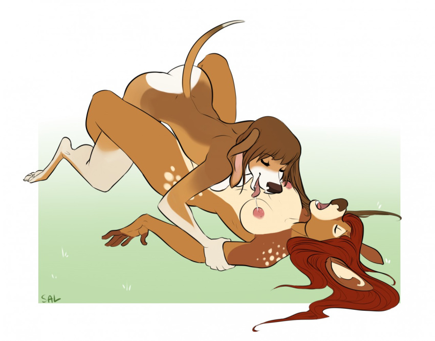 anthro ass_up beagle breast_lick breasts brown_fur brown_hair butt canid canine canis cervid domestic_dog eyes_closed female female/female floppy_ears fur hair hunting_dog licking looking_pleasured lying mammal missionary_position nipples nude on_back open_mouth red_hair saliva saliva_string salkitten scent_hound sex smile tongue tongue_out