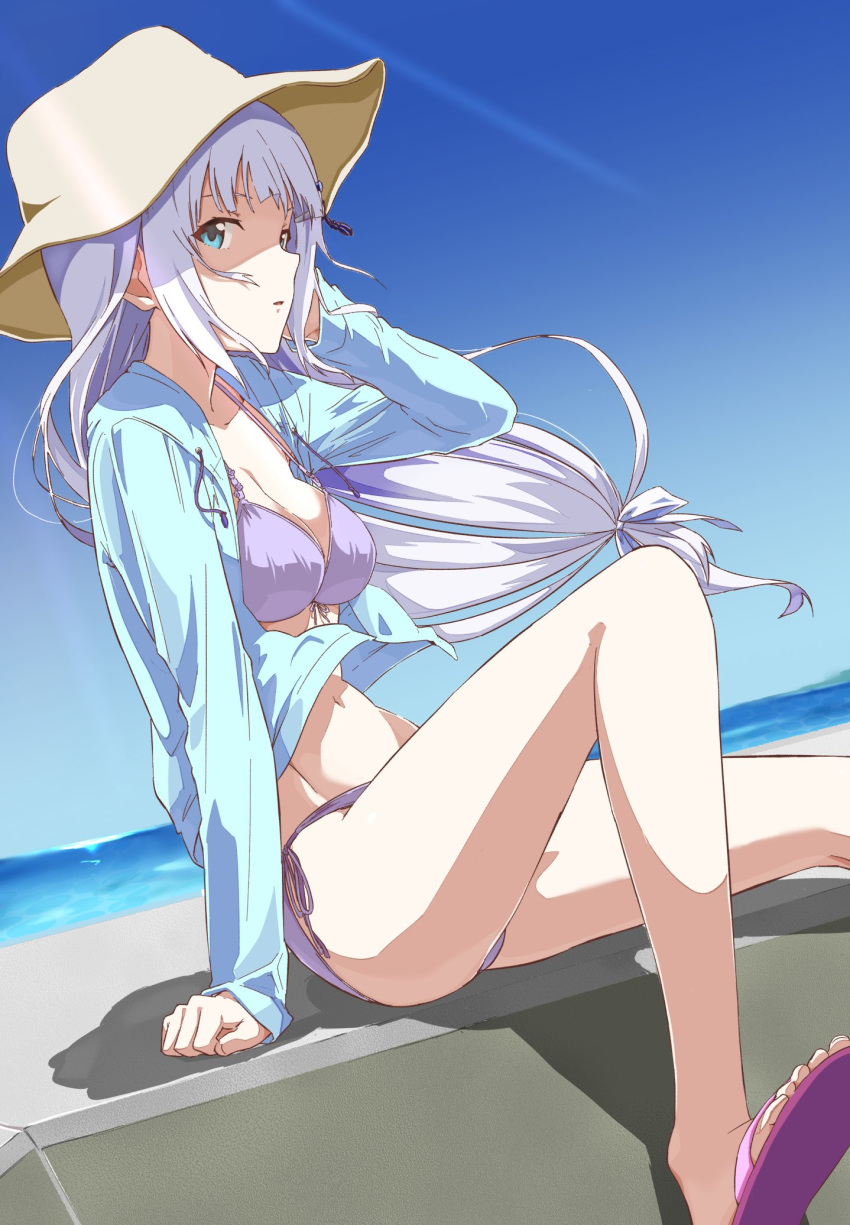 1girl bangs bare_legs beach bikini blue_eyes blue_sky breasts cl_(h-sys.) cleavage commentary_request dutch_angle groin hair_ornament hairclip hat highres idolmaster idolmaster_million_live! idolmaster_million_live!_theater_days jacket jacket_over_swimsuit knee_up light_blue_hair long_hair long_sleeves looking_at_viewer looking_to_the_side medium_breasts navel sandals shiraishi_tsumugi sitting sky solo swimsuit