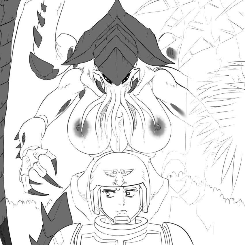 1:1 armor blush breasts camo claws drooling duo female forest headgear helmet hi_res human lictor male mammal monochrome non-mammal_breasts saliva scared size_difference smaller_male standing tentacles tree tyranid unknown_artist