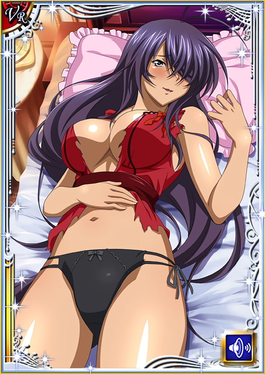 1girl antenna_hair bangs bed_sheet black_panties black_ribbon breasts card_(medium) cleavage cowboy_shot frilled_pillow frills from_above grey_eyes hair_over_one_eye hand_on_own_stomach highres ikkitousen kan'u_unchou large_breasts long_hair looking_at_viewer lying midriff navel on_back on_bed open_mouth panties pillow pink_pillow purple_hair ribbon shiny shiny_hair shiny_skin side-tie_panties sleeveless smile solo stomach swept_bangs torn_clothes underwear very_long_hair