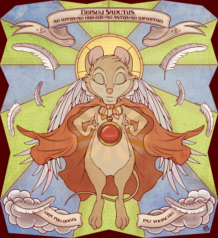 2019 amulet angel anthro bottomless brown_fur cape clothed clothing don_bluth eyes_closed feathered_wings feathers female fur grey_feathers hi_res hyenatig_(artist) jewelry latin_text mammal mouse mrs._brisby murid murine necklace pink_nose rodent saint solo stained_glass text the_secret_of_nimh whiskers wings