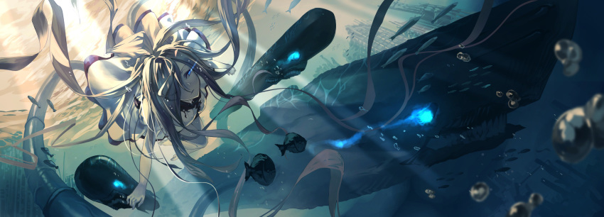1girl absurdres blue_eyes bubble commentary dress from_below fujita_(condor) full_body glowing glowing_eyes highres kantai_collection long_hair looking_at_another open_mouth ruins shinkaisei-kan short_sleeves submarine_hime sunlight swimming teeth torpedo underwater very_long_hair white_dress white_hair