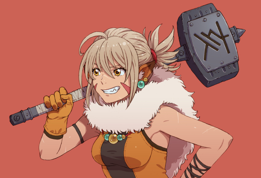 1girl ahoge animal_ears blonde_hair chinese_zodiac commentary dark_skin earrings facial_mark fang fur_trim gloves grin holding holding_hammer jewelry original over_shoulder ponytail scar simple_background sledgehammer sleeveless smile solo tanuki_koubou weapon weapon_over_shoulder year_of_the_pig yellow_eyes