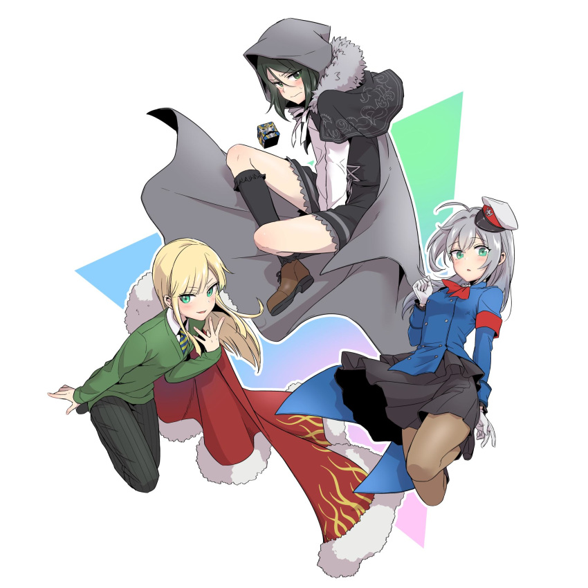 1boy 2girls add_(lord_el-melloi_ii) ahoge black_hair blonde_hair blush cape cloak cosplay costume_switch crossdressing fate/grand_order fate_(series) fur_trim gray_(lord_el-melloi_ii) gray_(lord_el-melloi_ii)_cosplay green_eyes grey_hair highres hood hooded_cloak lord_el-melloi_ii_case_files multiple_girls necktie pants pantyhose pleated_skirt reines_el-melloi_archisorte reines_el-melloi_archisorte_(cosplay) skirt waver_velvet waver_velvet_(cosplay)