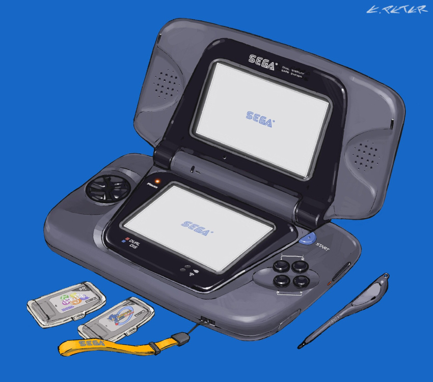 artist_name blue_background buttons cartridge commentary fusion handheld_game_console highres logo nintendo_ds no_humans peter_(peter6409) puyopuyo sega sega_game_gear signature sonic_the_hedgehog strap stylus