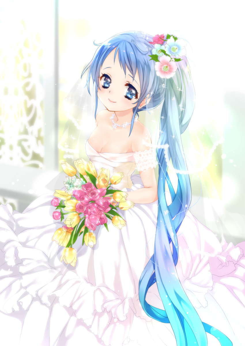 1girl alternate_costume alternate_hairstyle bangs bare_shoulders blue_eyes blue_hair bouquet breasts dress flower gradient_hair hair_flower hair_ornament highres holding holding_bouquet jewelry kantai_collection long_hair looking_at_viewer malino_(dream_maker) multicolored_hair necklace samidare_(kantai_collection) shiny smile solo standing swept_bangs very_long_hair wedding_dress white_dress