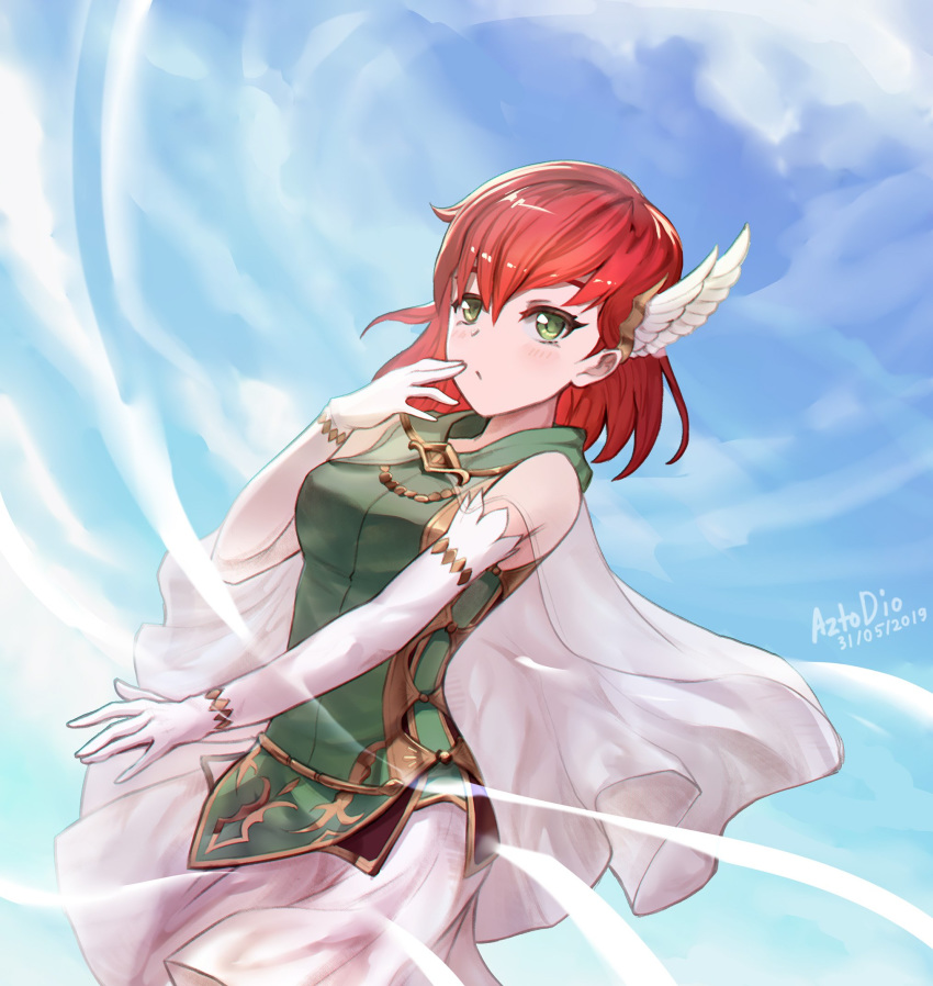 1girl artist_name azto_dio blush cape cloud commentary dated dress elbow_gloves english_commentary fire_emblem fire_emblem:_rekka_no_ken gloves green_dress green_eyes hair_ornament hand_on_own_cheek highres priscilla_(fire_emblem) red_hair see-through short_hair single_wing sky solo white_gloves winged_hair_ornament wings