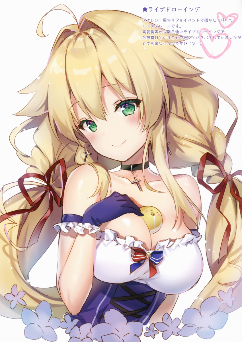 1girl absurdres ahoge armband azur_lane bangs bare_shoulders between_breasts bird black_choker blonde_hair blue_gloves blush braid breasts chick choker cleavage closed_mouth collarbone cropped_torso cross cross-laced_clothes cross_choker cross_earrings dress drooling earrings floral_background flower frilled_dress frilled_gloves frills gloves green_eyes hair_between_eyes hair_intakes hair_ribbon hand_on_own_chest hand_up head_tilt highres jewelry large_breasts le_temeraire_(azur_lane) long_hair looking_at_viewer manjuu_(azur_lane) necklace red_ribbon ribbon riichu scan sidelocks simple_background sleeping sleeping_on_person smile solo strapless strapless_dress taut_clothes taut_dress twin_braids underbust upper_body white_background white_dress