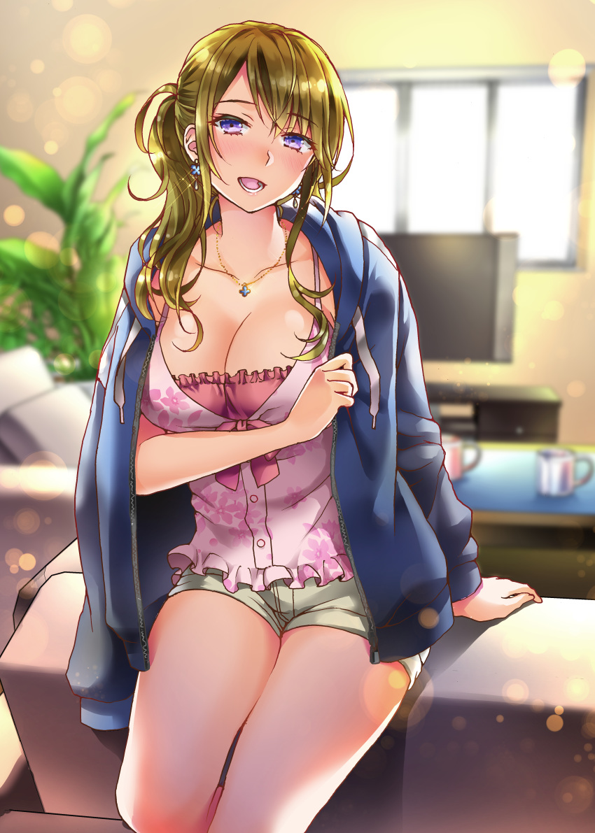 1girl absurdres bad_perspective blue_earrings blue_jacket blurry blurry_background breasts brown_hair camisole cleavage collarbone day earrings highres hikaru_(gevp7588) hood hoodie indoors jacket jewelry large_breasts lens_flare looking_at_viewer necklace open_mouth purple_eyes short_shorts shorts sitting thighs
